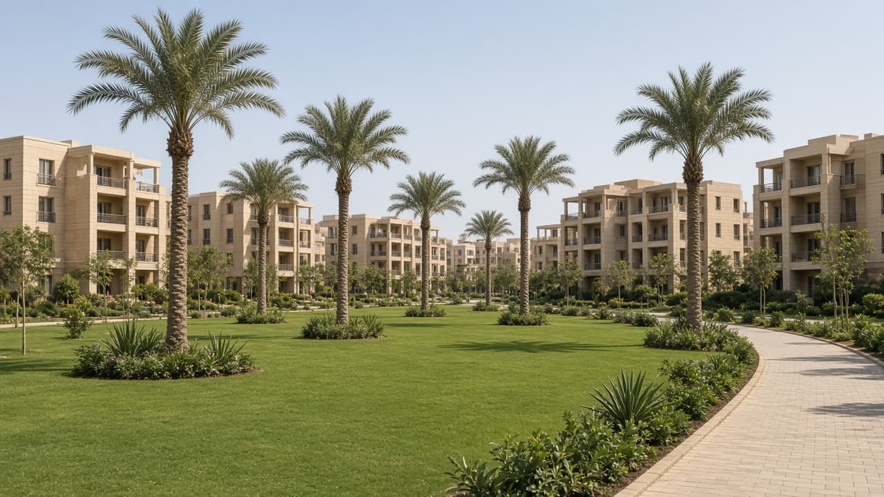 A landscaped park inside a New Cairo compound