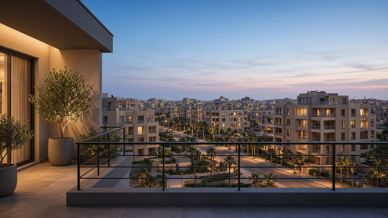 A terrace overlooking modern New Cairo residences