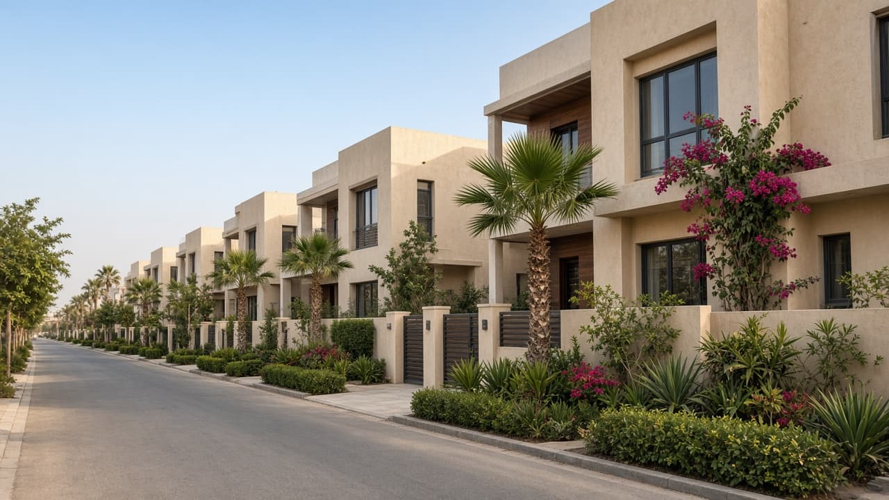 A quiet street of contemporary New Cairo villas